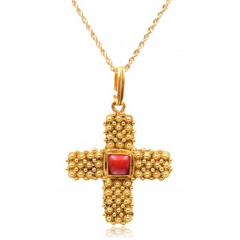 Collana Croce Filigrana a nido d'ape con corallo sardo