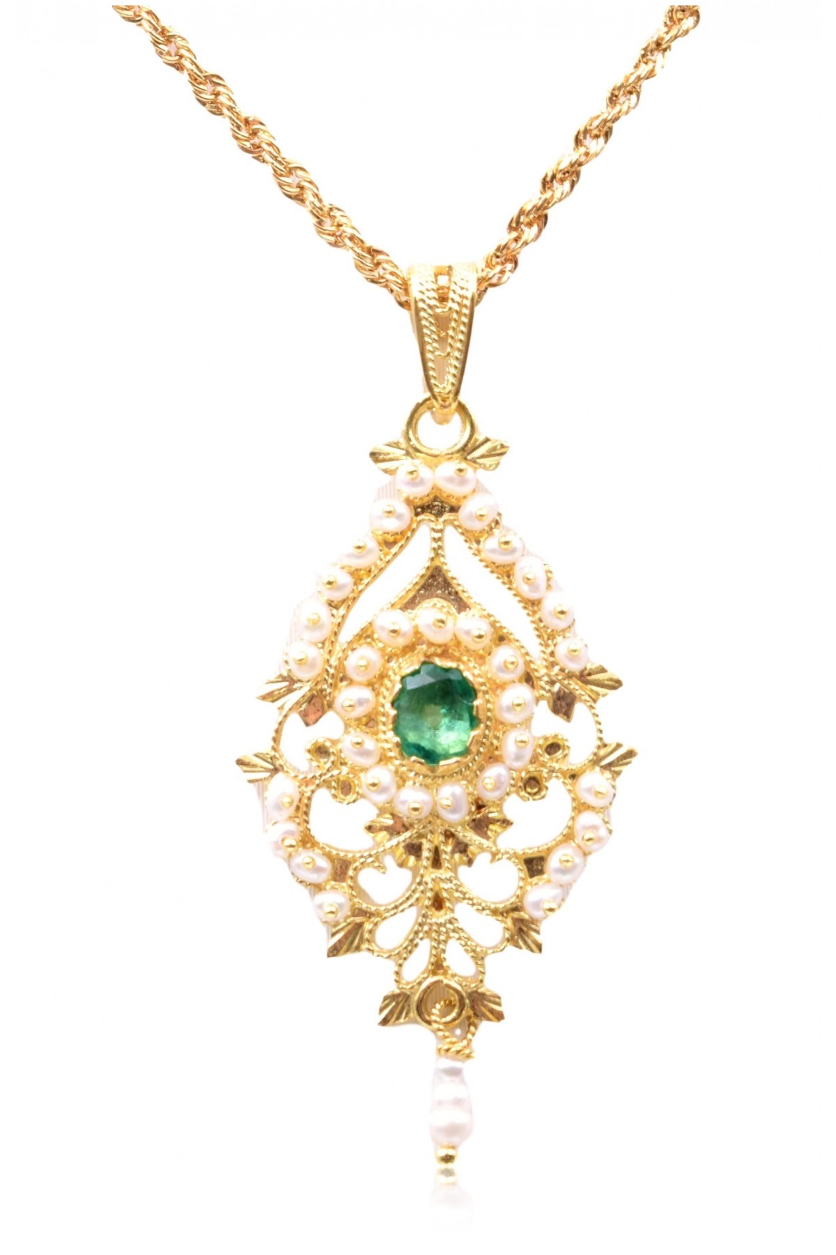 Collana filigrana imperlata con smeraldo